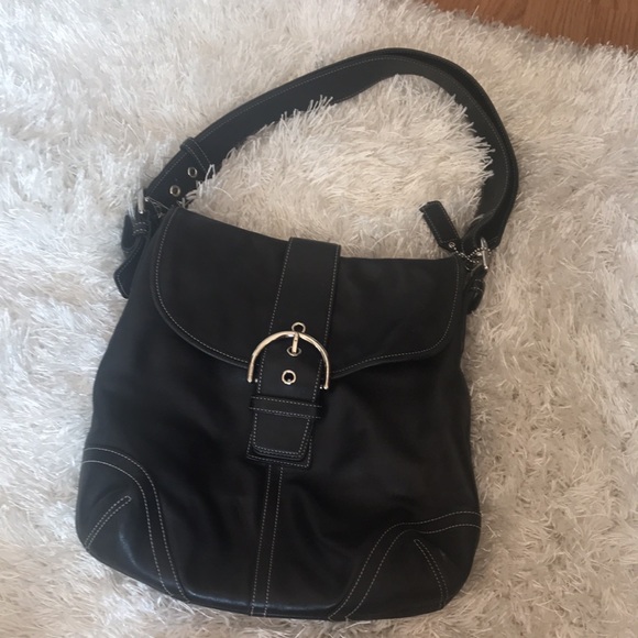 Coach black leather shoulder bag with silver hardware. Snap closure flap. - Picture 2 of 7